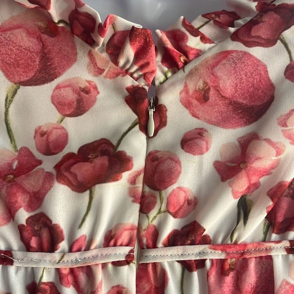 Samantha Sipos Medium Pink Strawberry Floral Front Tie Ruffles Midi Dress Kawaii - Picture 8 of 15